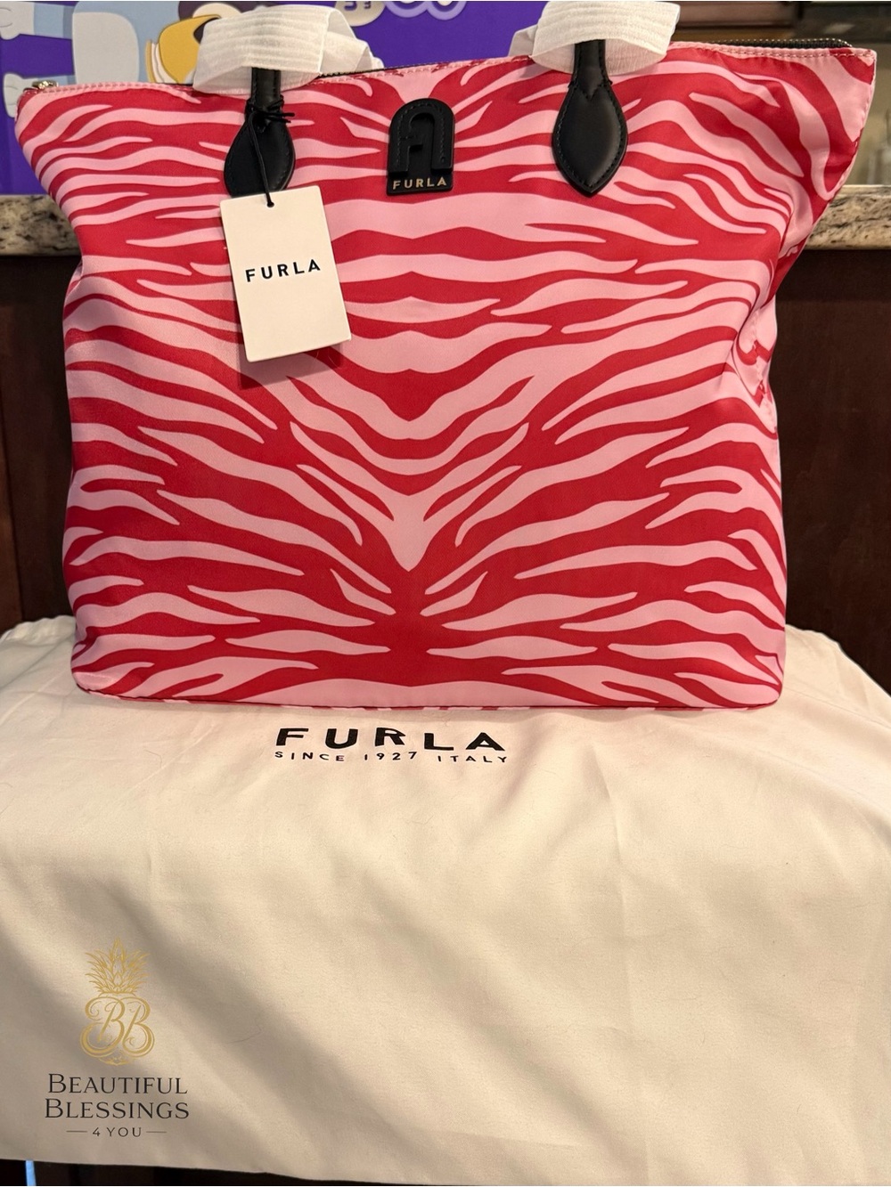 Furla NWT Calipso Toni Shock Zebra Nylon Tote Bag with Gold Hardware - Dust Bag